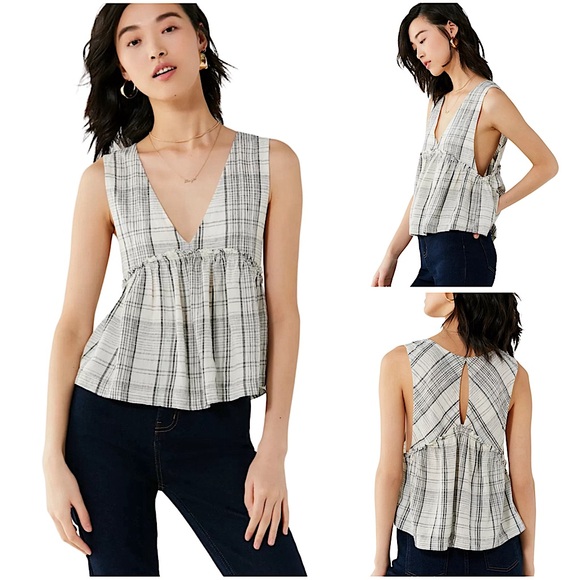 Urban Outfitters Tops - Urban Outfitters UO Linen Melody Plunging Babydoll Top Medium Gray White Plaid